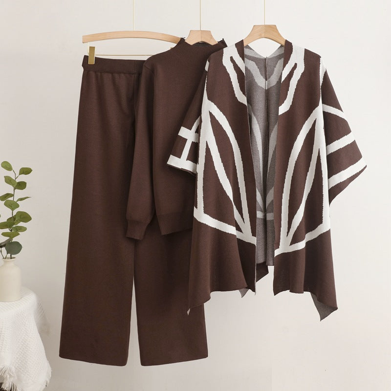 Damen trendiges Strick-Loungewear-Set mit grafischem Poncho-Design EB