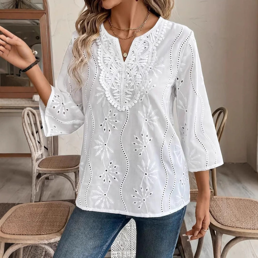 Damen elegante Tambour-Bluse mit floralen Stickereien EB