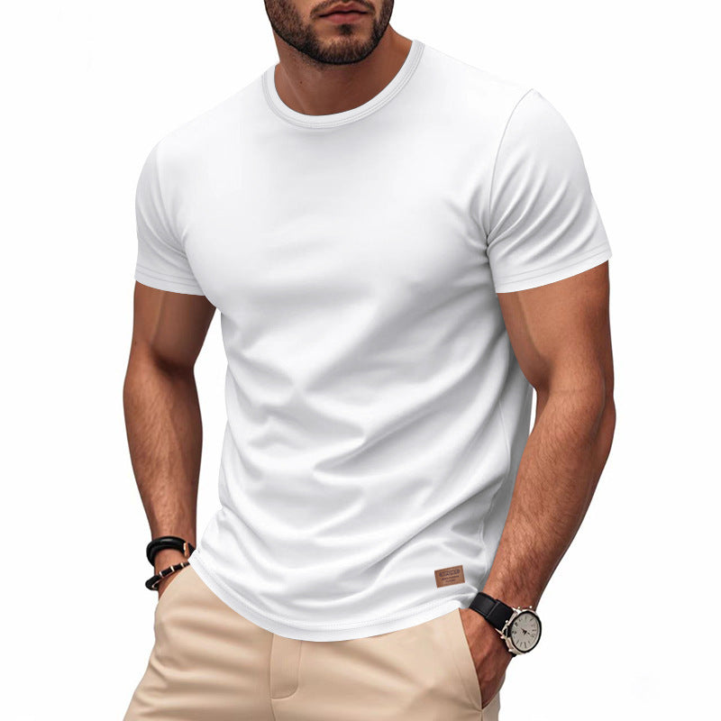 Herren nan schlankes Rundhals-T-Shirt aus glattem Stretchjersey mit dezenter Leder-Logoapplikation EB