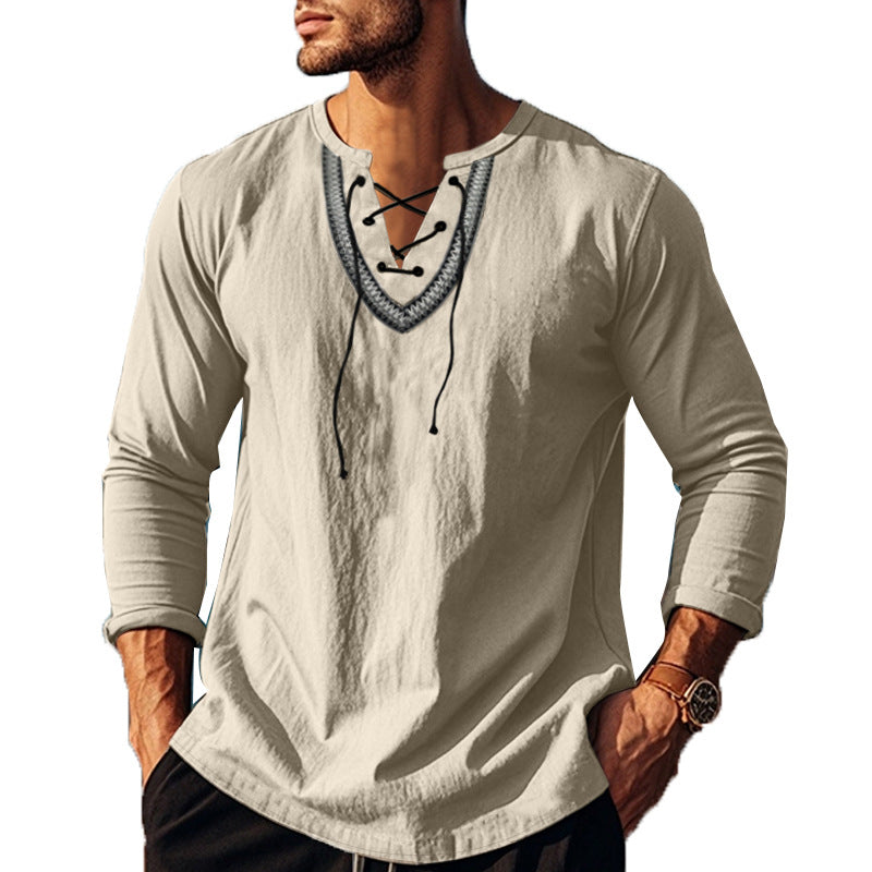 Herren Langarm-Henley-Shirt mit dekorativer Schnürung und lässigem Schnitt EB