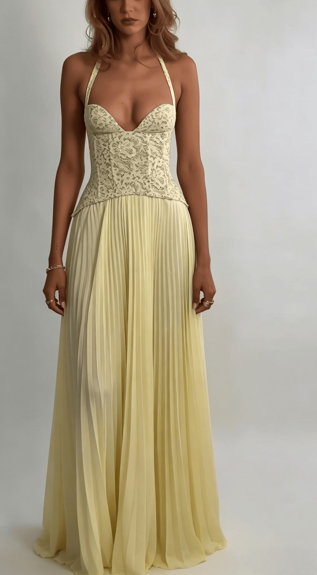 Damen nan elegantes Abendkleid mit Spitzenkorsett und plissiertem Maxirock EB