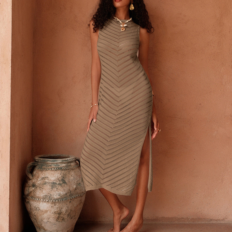 Damen Elegantes Strick-Maxikleid mit asymmetrischem Saum und seitlichem Schlitz EB