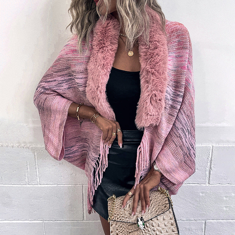 Damen eleganter Poncho mit luxuriösem Kunstfellkragen und fransigem Saum EB