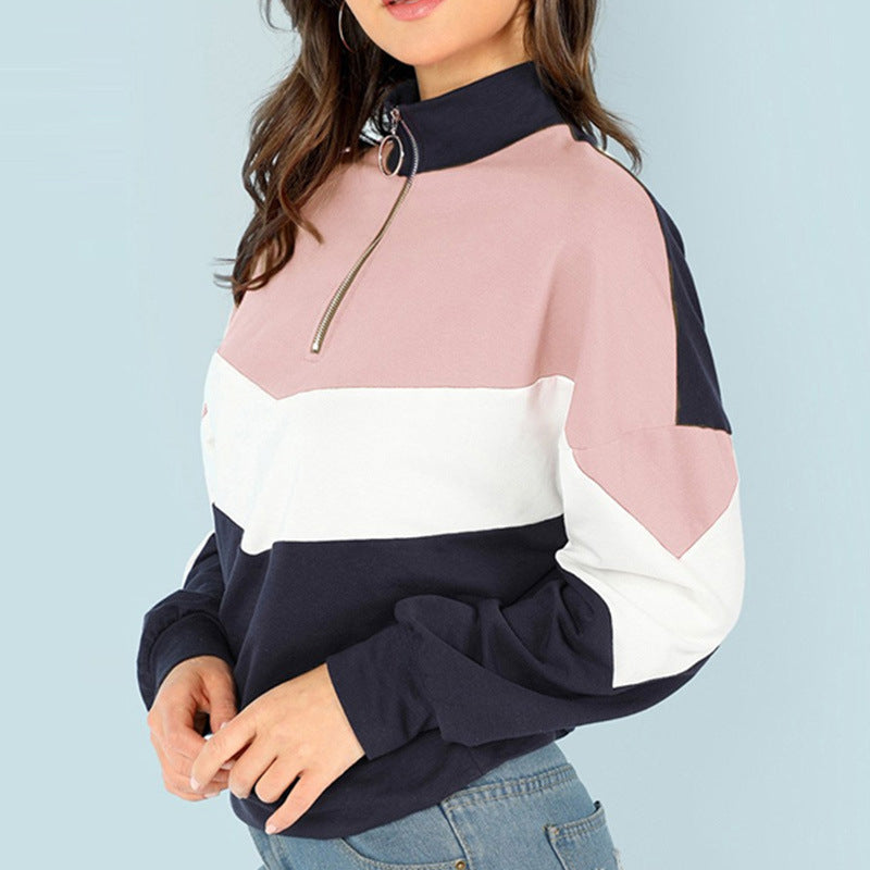 Damen sportlicher Sweatshirt mit hohem Kragen und farblich abgesetztem Design EB