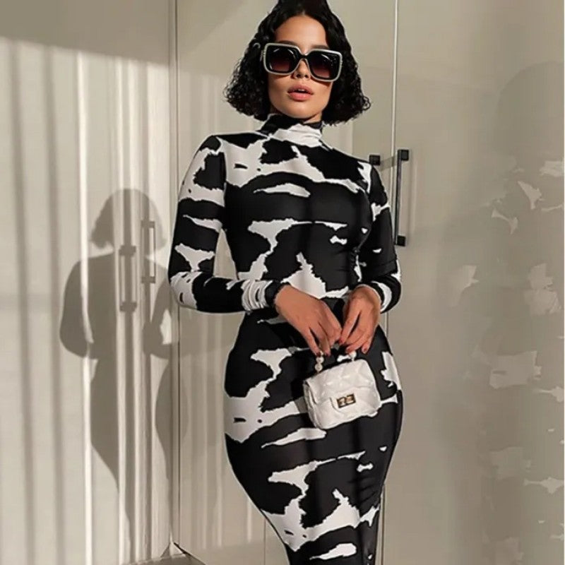 Damen Bodycon-Kleid mit hohen Kragen und grafischem Muster EB