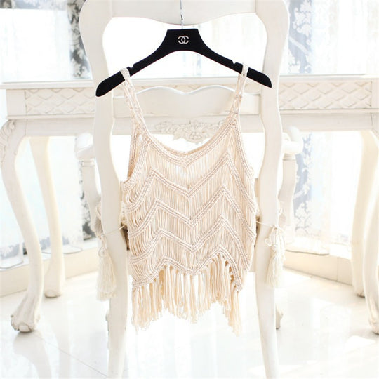 Damen Häkel-Top mit Fransendetails und V-Ausschnitt EB