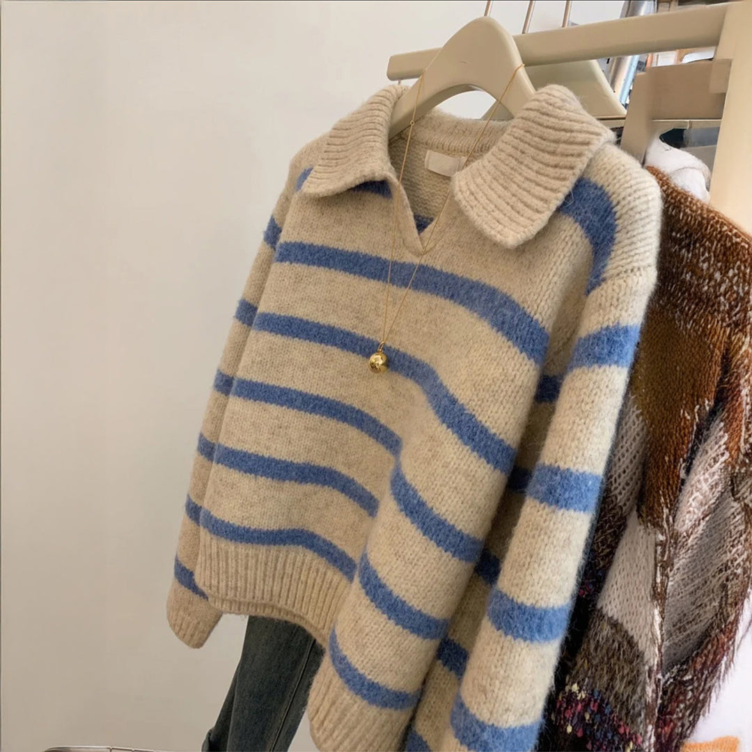 Damen nan kuscheliger Oversize-Strickpullover mit Polokragen und breiten Streifen EB