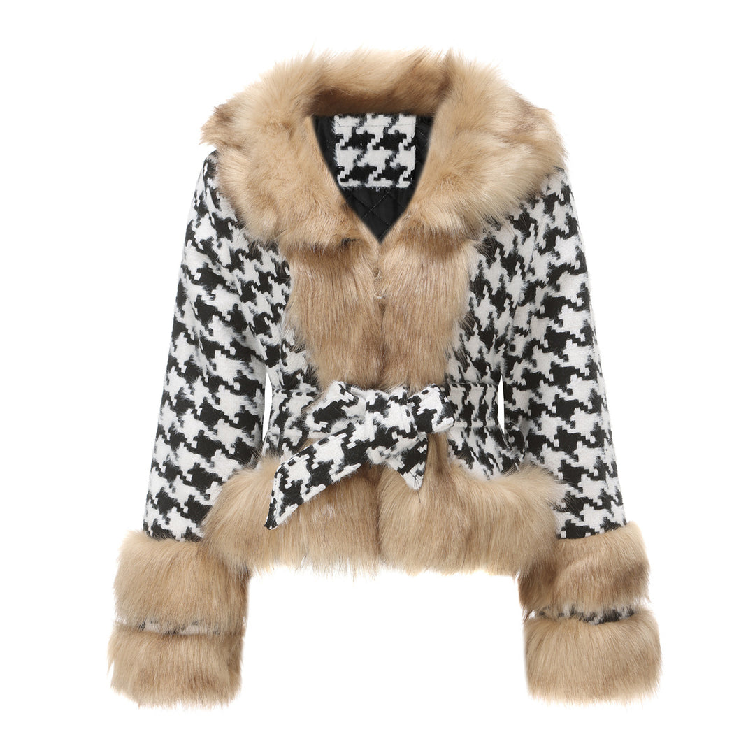 Damen Hochwertige Winterjacke mit auffälligem Hahnentritt und faux Pelzkragen EB