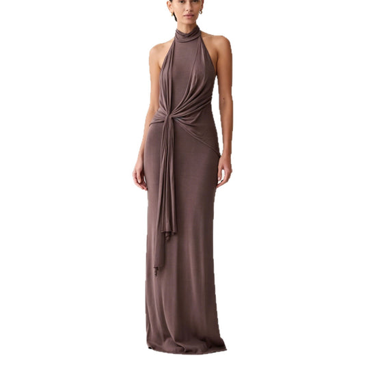 Damen Elegantes Maxikleid mit hohem Kragen und raffinierten Drapierungen EB