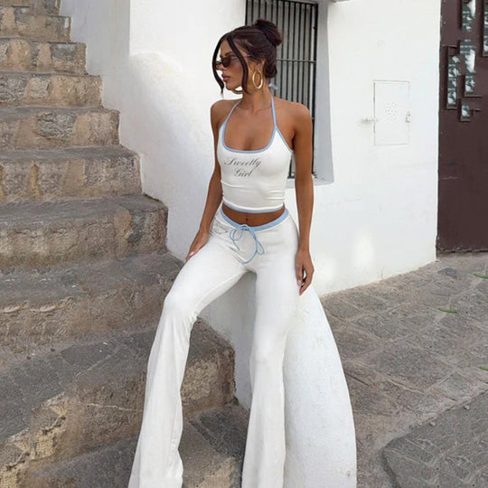 Damen Lässiges Ärmelloses Set mit hoch geschnittenem Top und weitem Bein EB