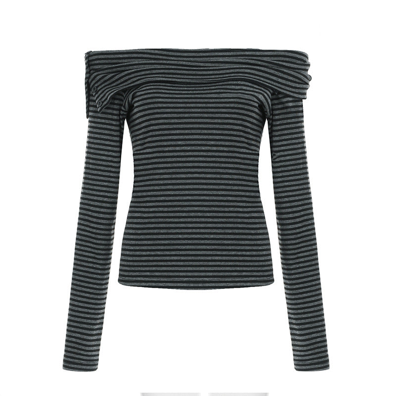 Damen nan schulterfreies Langarmshirt mit Carmen-Ausschnitt, taillierter Passform und feinem Streifenmuster EB