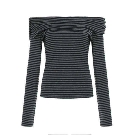 Damen nan schulterfreies Langarmshirt mit Carmen-Ausschnitt, taillierter Passform und feinem Streifenmuster EB