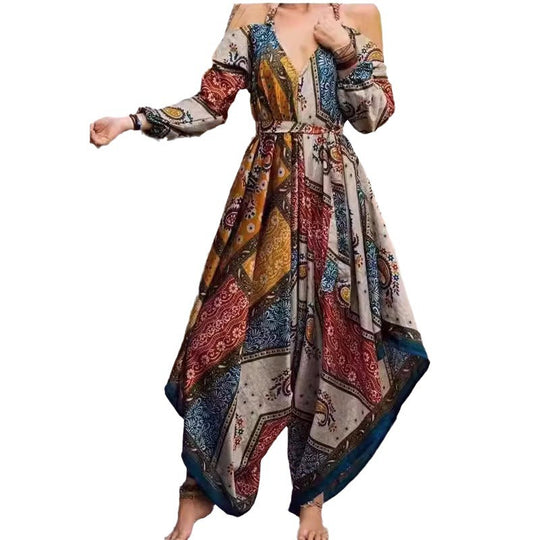 Damen Langes Wickelkleid mit verspieltem Muster und off-shoulder Design EB