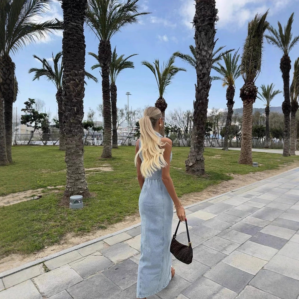 Damen Denim Maxikleid mit Knopfleiste und hohem Kragen EB