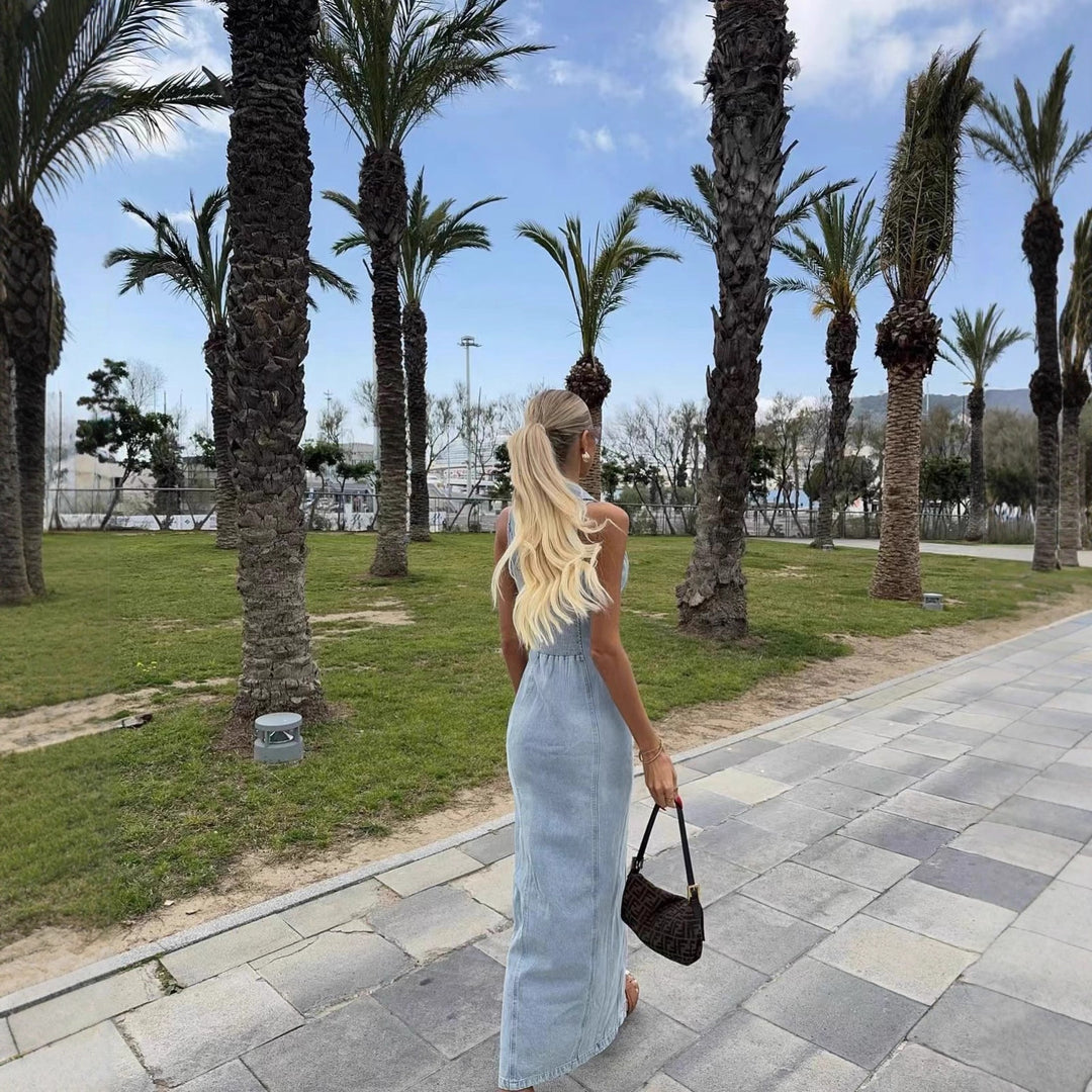 Damen Denim Maxikleid mit Knopfleiste und hohem Kragen EB