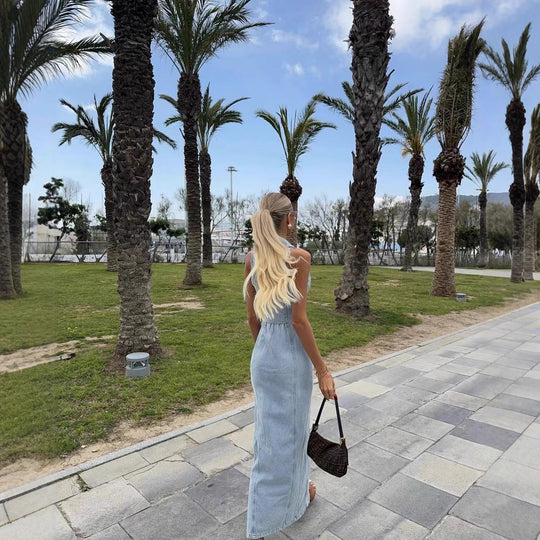Damen Denim Maxikleid mit Knopfleiste und hohem Kragen EB