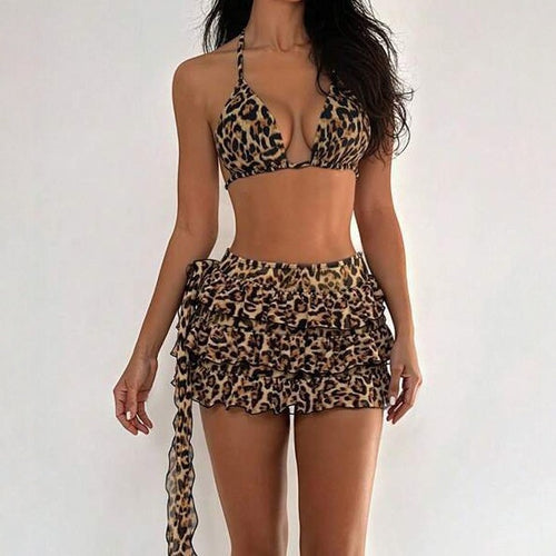 Damen Triangel-Bikini mit sexy Leo-Muster und Rüschenrock EB