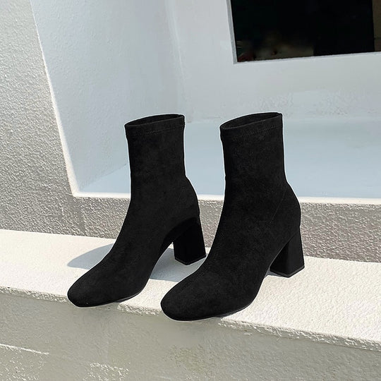 Damen nan Stretch-Stiefelette mit enganliegendem Sockenschaft und mittelhohem Blockabsatz EB