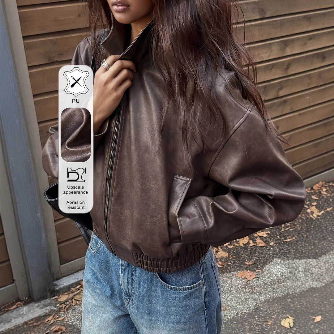 Damen Oversize Kunstlederjacke im modernen Look mit praktischem Reißverschluss und elastischem Bund EB