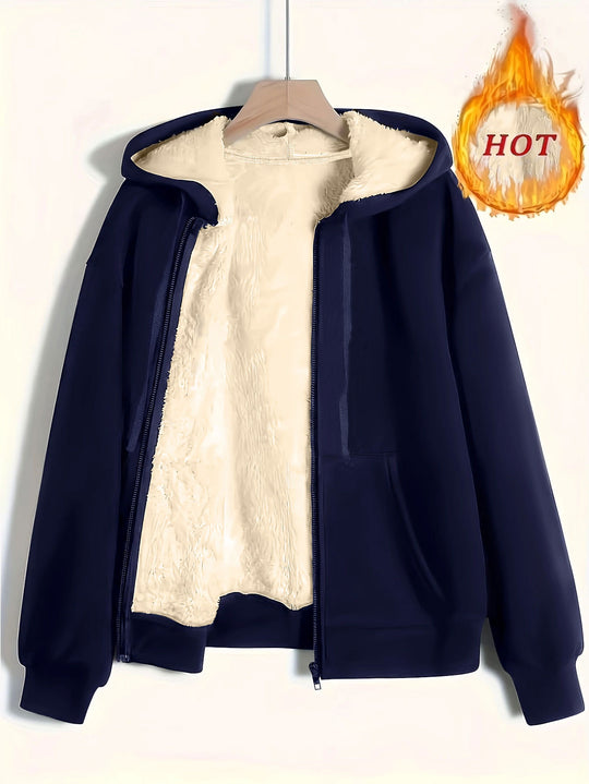 Damen kuschelige Fleecejacke mit Reißverschluss und Kapuze EB