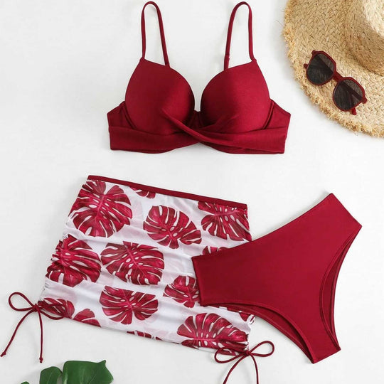 Damen Bikini-Set mit elegantem Knotendesign und floralem Rock EB