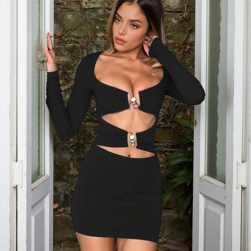 Damen figurbetontes Minikleid mit stilvollen Cut-Outs und eleganten Dekorelementen EB