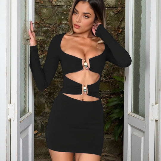 Damen figurbetontes Minikleid mit stilvollen Cut-Outs und eleganten Dekorelementen EB