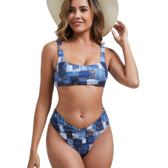 Damen Bikini-Set mit hoch geschnittenem Unterteil und sportlichem Oberteil EB