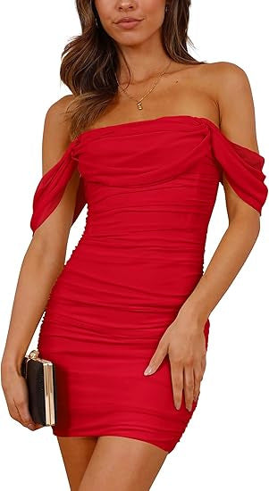Damen figurbetontes Wickelkleid mit schulterfreiem Design EB