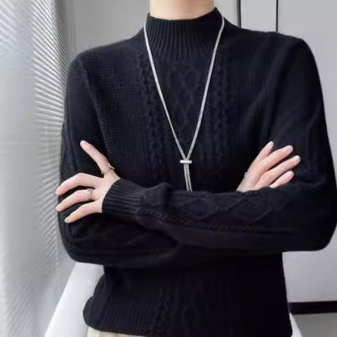 Damen Strickpullover mit elegantem Zopfmuster und hoch geschlossenem Kragen EB