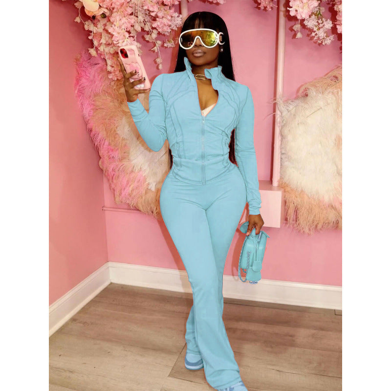 Damen figurbetonender Jumpsuit mit Hochkragen und durchgehendem Reißverschluss EB