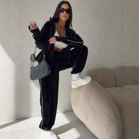 Damen elegantes Velours-Loungewear-Set im sportlichen Design mit kontrastierenden Streifen EB