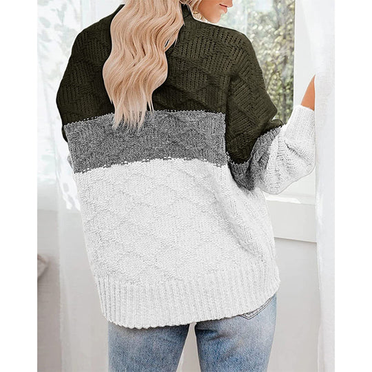 Damen farbenfroher Strickpullover mit strukturiertem Muster und hohem Kragen EB