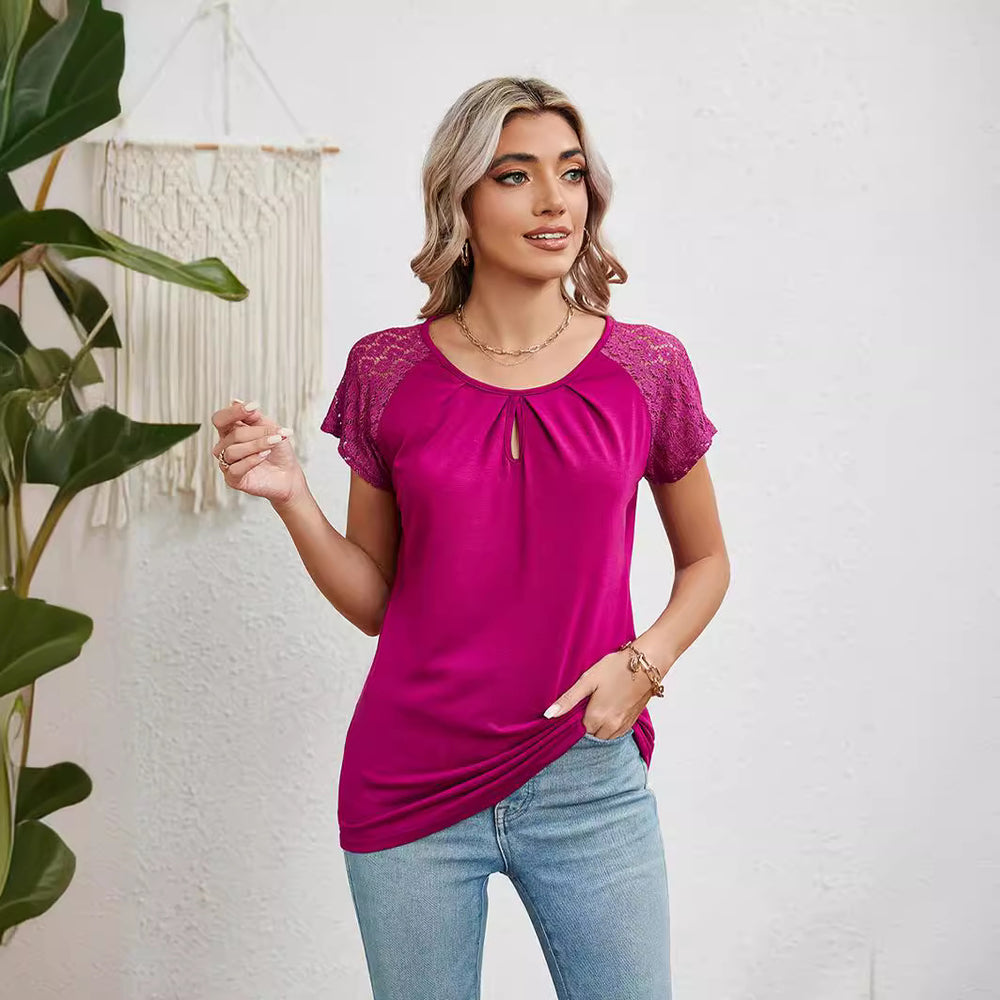 Damen Kurzarm-Bluse mit Spitzenärmeln EB