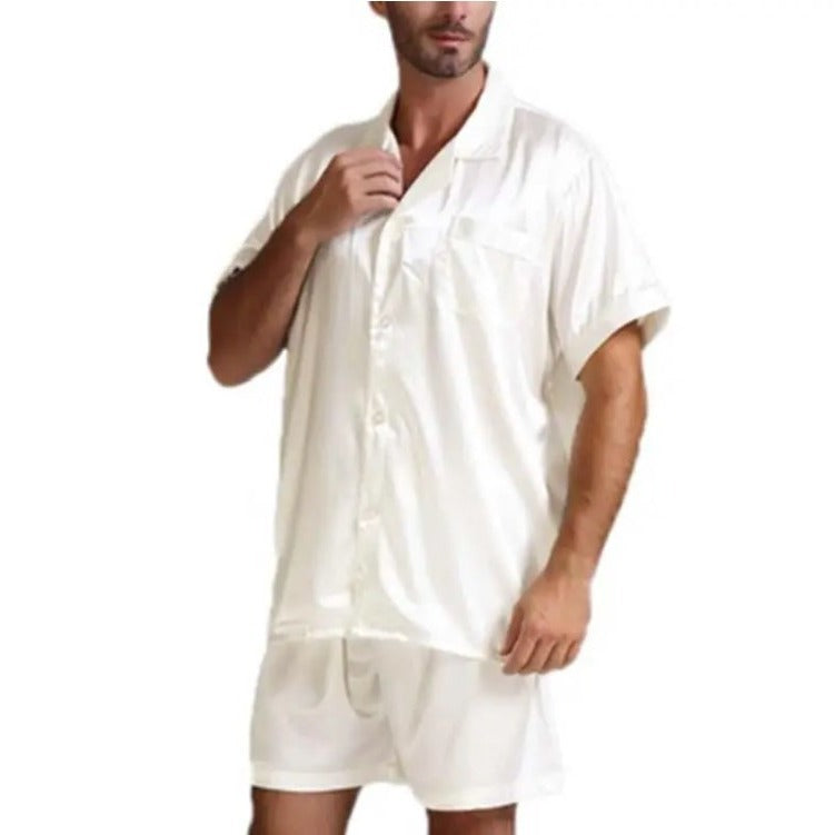 Unisex nan seidig-glänzendes Kurzarm-Pyjama-Set mit Hemdkragen und elastischem Bund EB