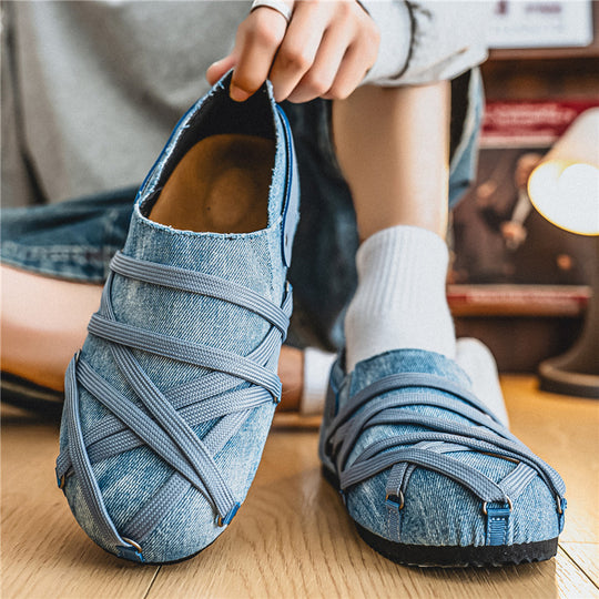 Herren lässige Slipper im Denim-Look mit elastischen Riemen, verstellbarem Fersenriemen und profilierter Gummisohle EB