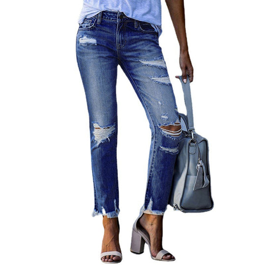 Damen destroyed Jeans mit fransigen Säumen und modischen Rissen EB