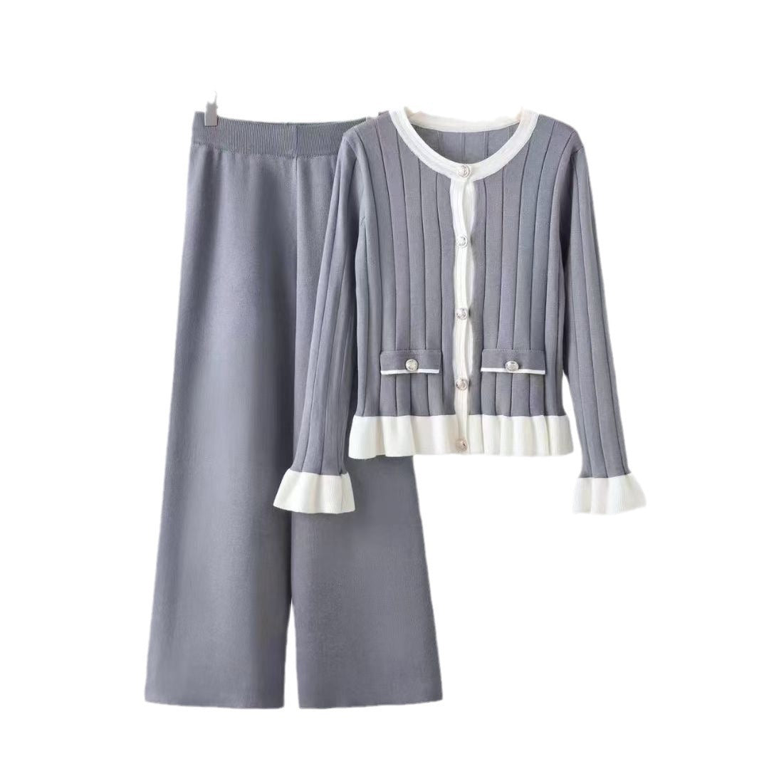 Damen elegantes Strick-Loungewear-Set mit aufgesetzten Taschen und Rüschen EB