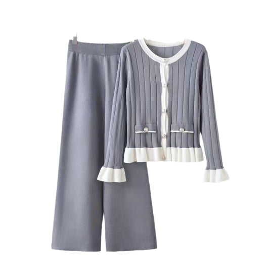 Damen elegantes Strick-Loungewear-Set mit aufgesetzten Taschen und Rüschen EB