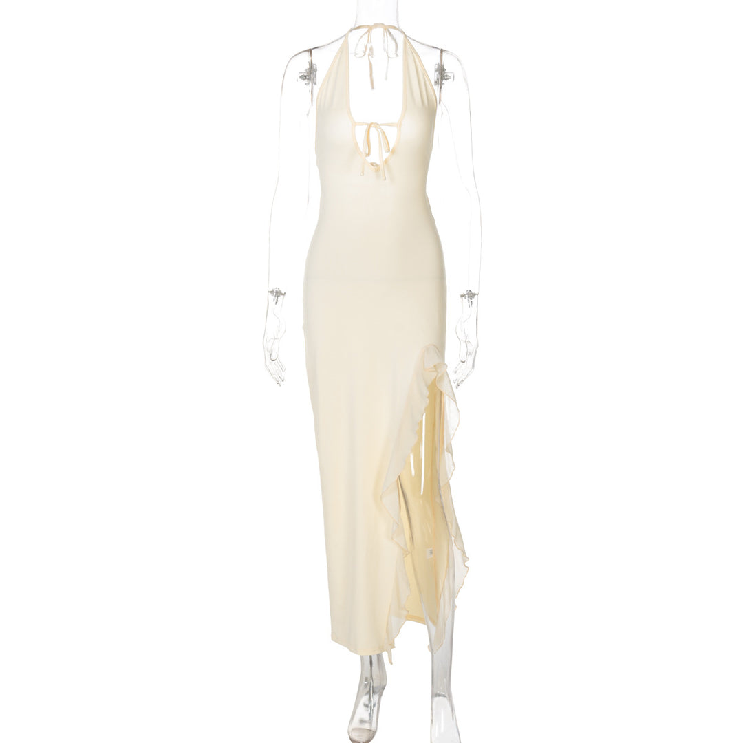 Damen elegantes Halterneck Maxikleid mit seitlichem Rüschen-Schlitz und tiefem V-Ausschnitt EB