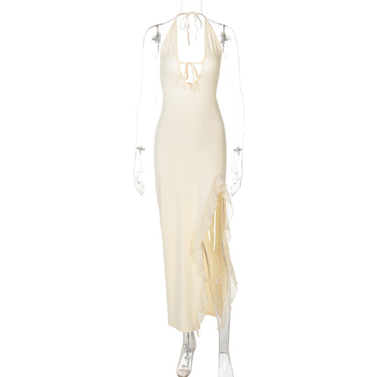 Damen elegantes Halterneck Maxikleid mit seitlichem Rüschen-Schlitz und tiefem V-Ausschnitt EB