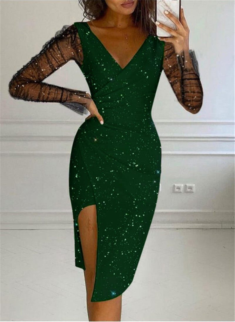 Damen elegantes Wickelkleid mit transparenten Ärmeln und schimmerndem Sternenmuster EB