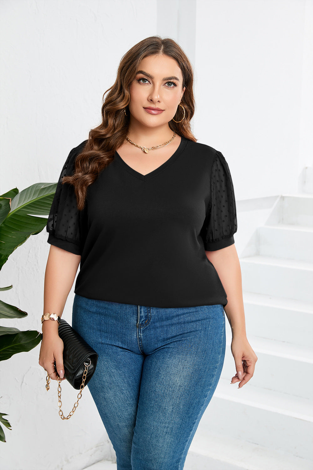 Damen elegantes Blusenshirt mit transparenten Puffärmeln und V-Ausschnitt EB