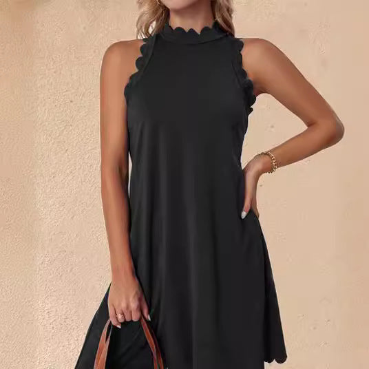 Damen ärmelloses Kleid mit Scalloped-Ausschnitt und fließendem Schnitt EB