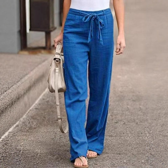 Damen Weite Lounge-Hose mit hohem Gummibund und dekorativem Bindeband EB