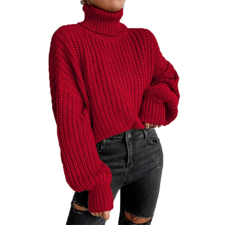 Damen Strickpullover mit hohem Kragen und komfortablem Schnitt EB