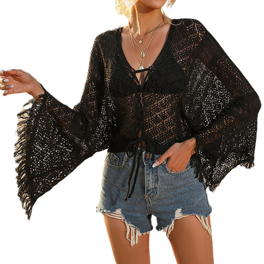Damen gehäkelter Strandkimono mit eleganter Fransenverzierung EB