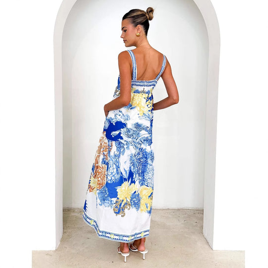 Damen Maxi-Strandkleid im floralen Design mit verstellbaren Spaghettiträgern EB