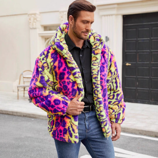 Herren Plüschjacke mit auffälligem Tierprint und Kapuze EB