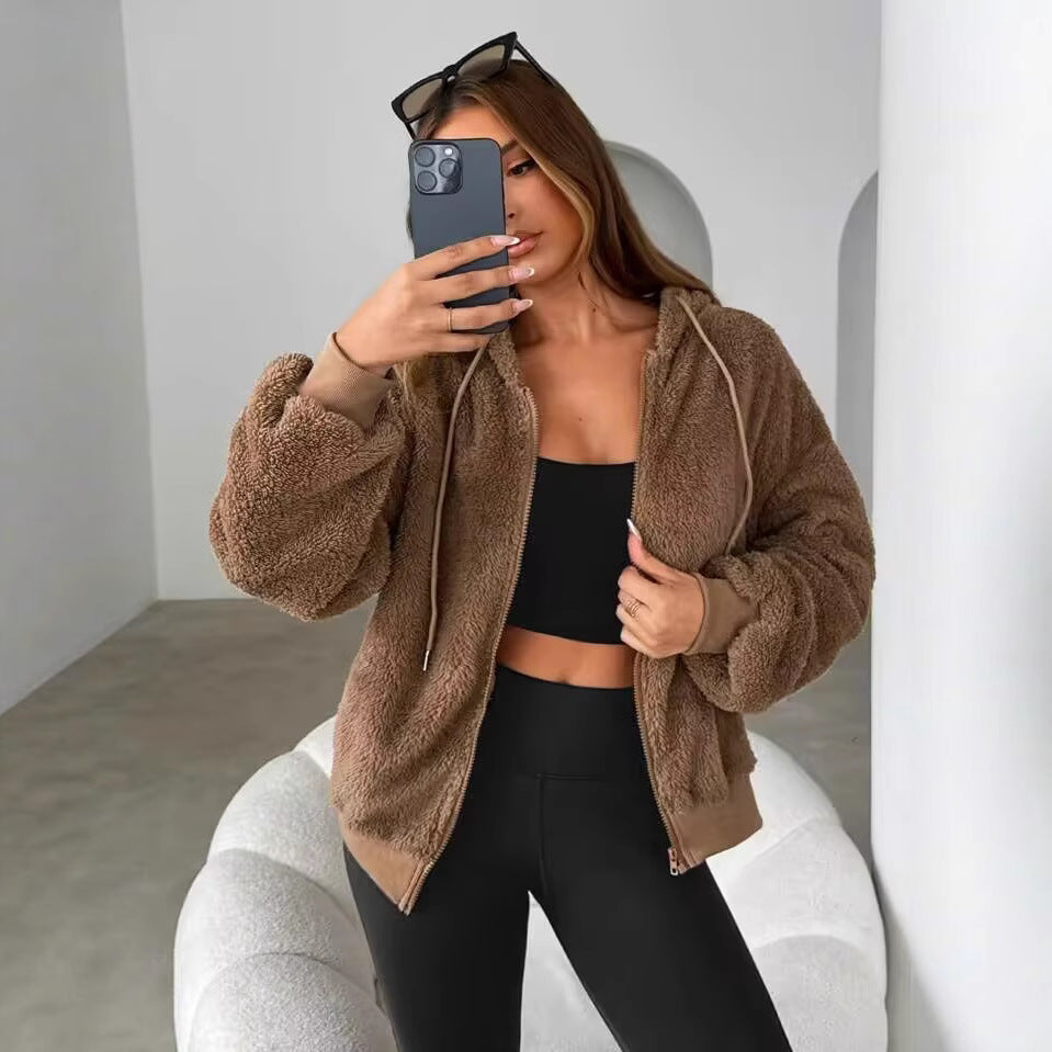 Damen Teddy-Fleecejacke mit Kapuze und elastischen Bündchen EB
